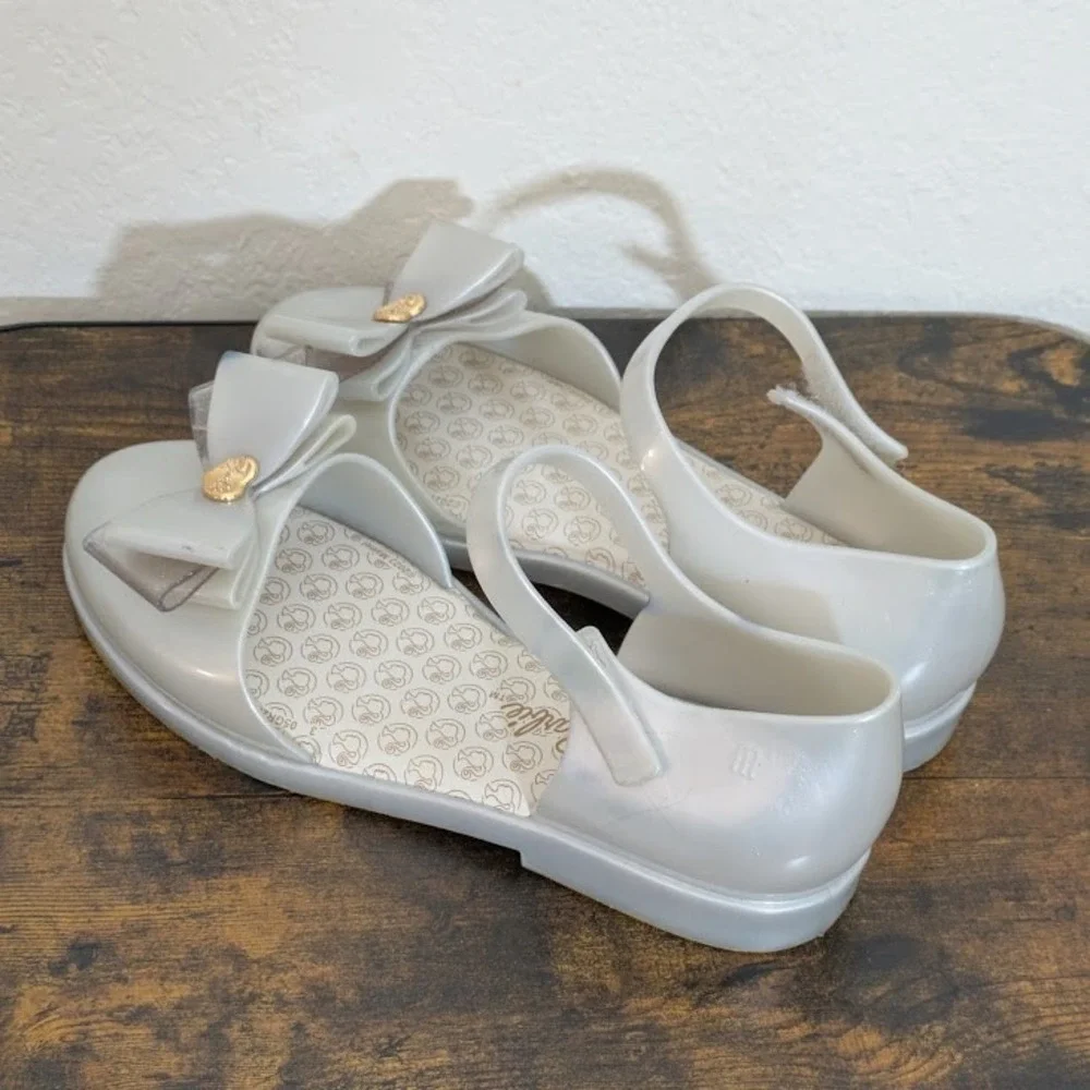 Mini Melissa Barbie Jelly Sandals Metallic White Bow Heart Vegan Big Kid Flats 4